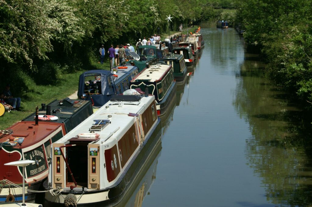 Boat shows aren't just about yachts. Here is a line-up of canal barges.