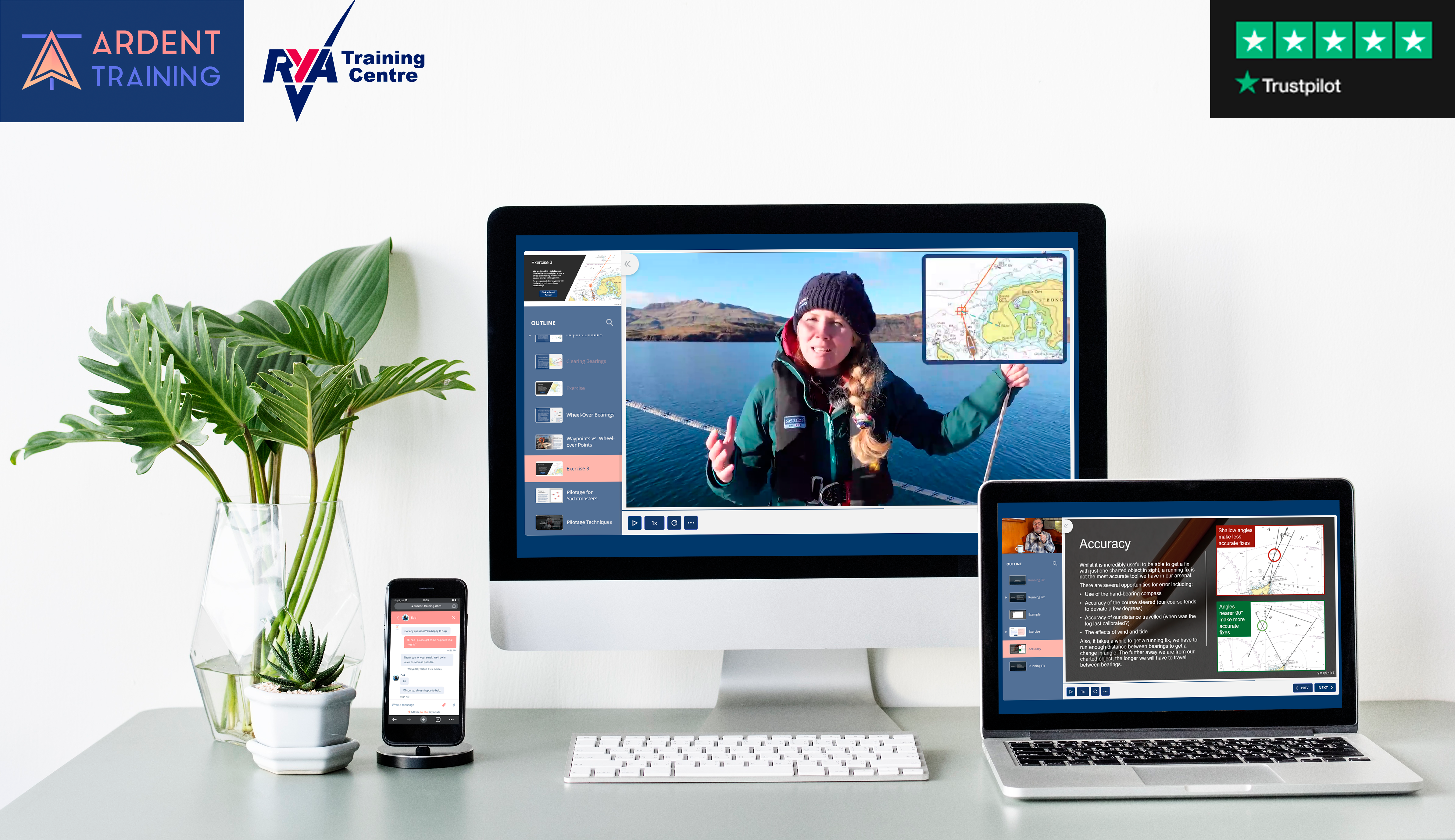 Ardent Trainings RYA Yachtmaster Offshore/Coastal Skipper online theory course demonstrated on various devices. Including their video lessons and live chat support.