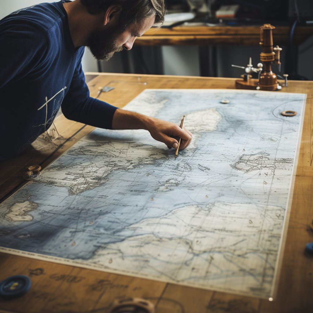 A man studying a chart and plotting his route. This represents you planning your journey through the RYA Yachting qualifications.